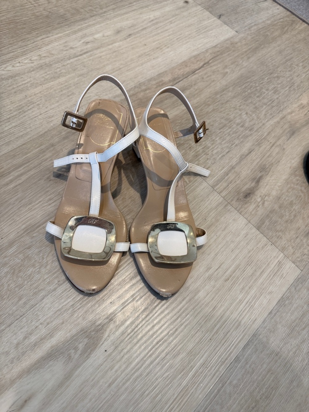 Roger Vivier White Strap Sandals with Decorative Buckle